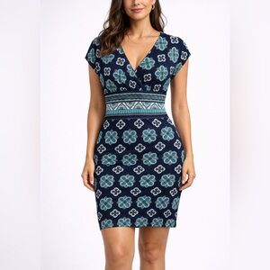 Max Studio Navy Floral Sheath Dress stretch dress Accent sun summer Medium M